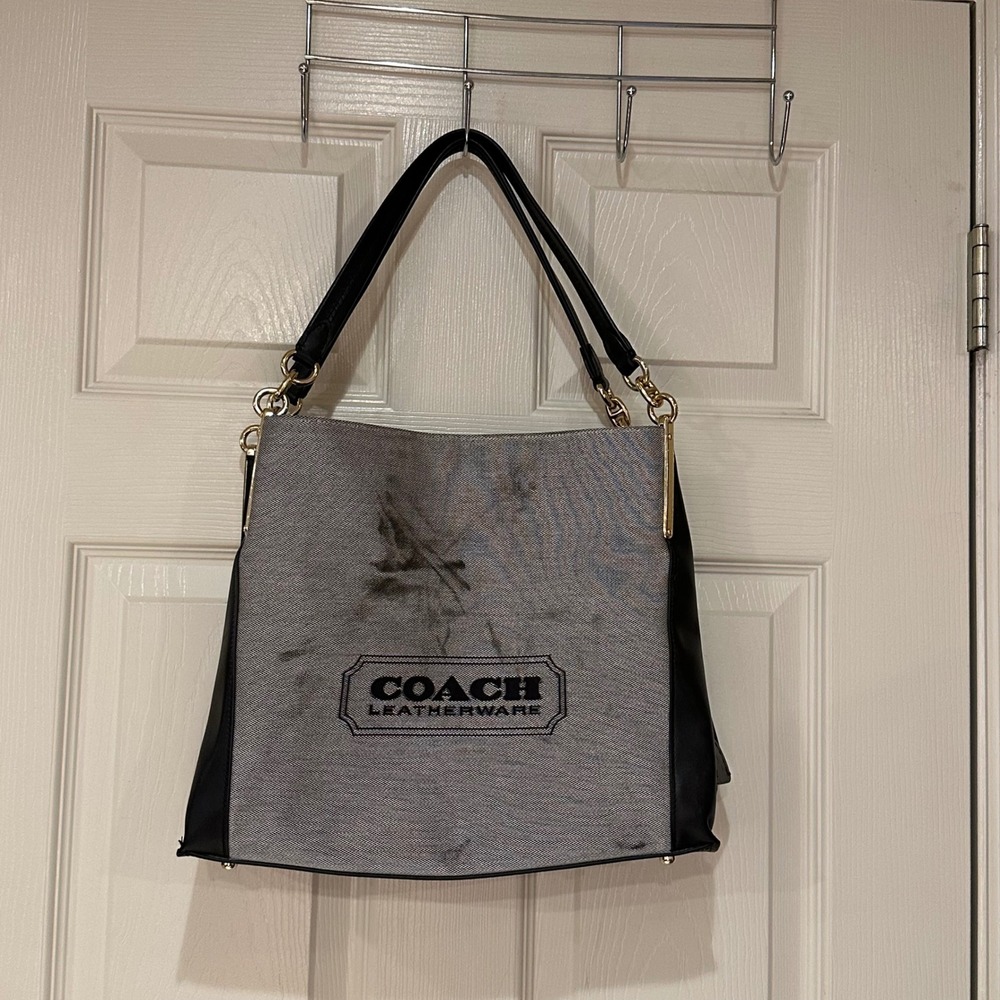 Coach Canvas Leather Tote Shoulder Bag Black Grey missing hang tag
